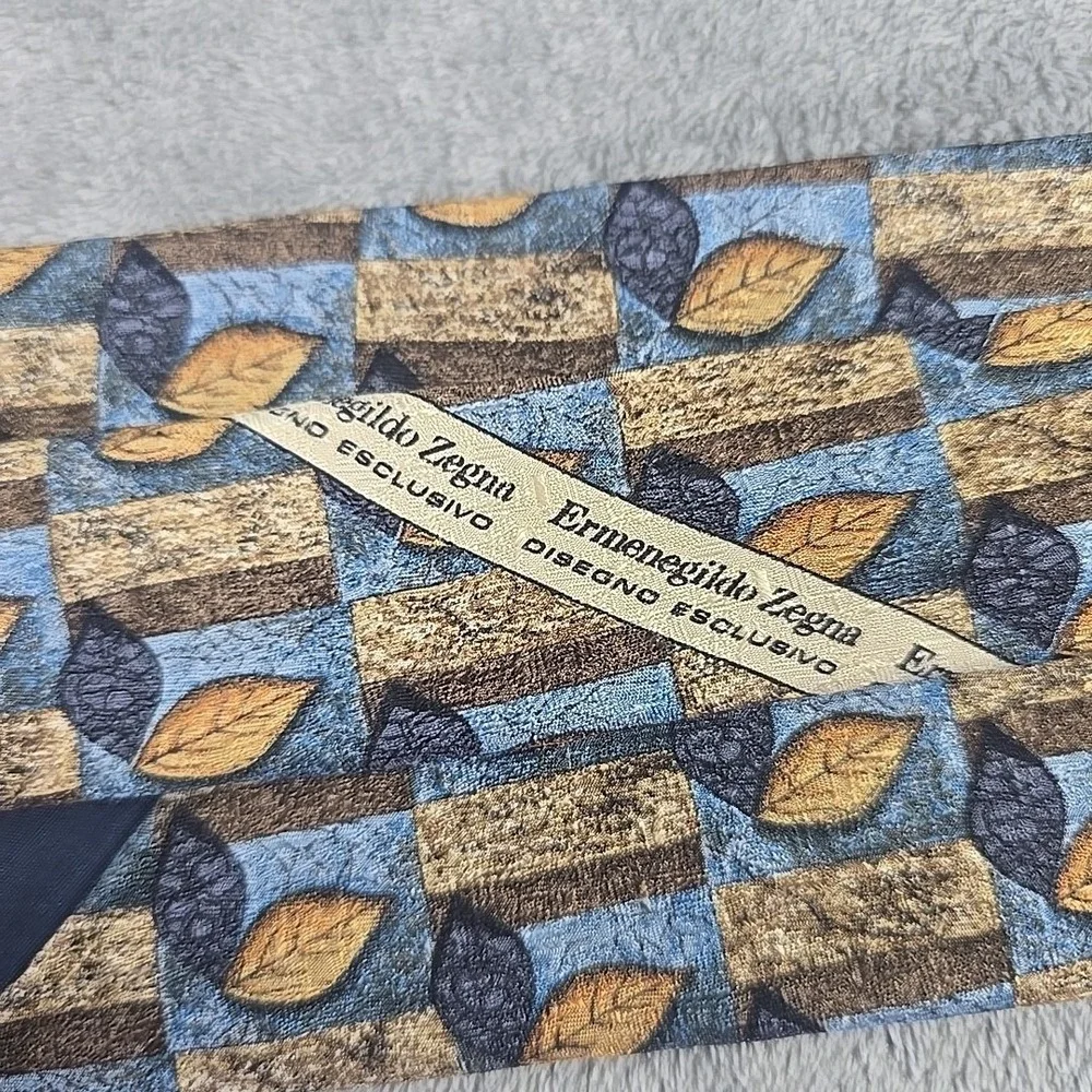 Ermenegildo Zegna Exclusive‎ Design Silk Necktie Blue Leaves Geometric Italian